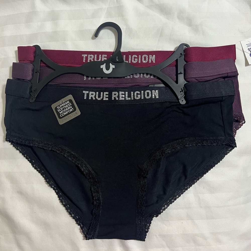TRUE RELIGION 3 Pk Soft Panties Size LG~ Studs at Waist Black Maroon Purple NWT